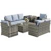 Outsunny Set di Mobili da Giardino in Rattan 6 Pezzi, 7 Posti Grigio | Salotto da Giardino Esterno, Tavolo da Caffè, Tavolo Laterale Contenitore, 2 Divani, 2 Poltrone, Cuscini Lavabili, Acciaio