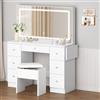 ALFORDSON Scrivania con specchio e prese di corrente, 7 cassetti e piano d'appoggio pieghevole, set da toeletta per camera da letto con sgabello contenitore, luci a 3 modalità di colore, Bianco