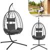 Laneetal Sedia Sospesa a Uovo con Supporto, Poltrona Sospesa con Cuscino e Poggiatesta, Portata 150 kg, Rattan PE, Struttura in Metallo, per Giardino Patio Balcone Terrazza, Grigio Scuro