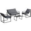 Outsunny Set Salotto da Giardino da 4 Pezzi con Cuscini, Nero e Grigio | Set di Mobili, Divanetto a 2 Posti, 2 Poltrone, Tavolino da Caffè in Vetro, Struttura in Acciaio