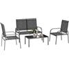 Outsunny Set Salotto da Giardino da 4 Pezzi Esterno Schienale Regolabile | Divanetto a 2 Posti, 2 Sedie, Tavolo da Caffè in Vetro, Impermeabile, Acciaio, Textilene, Nero