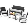 Xbro Set Mobili Giardino 4 Pezzi con 2 Poltrone a Dondolo, Divano 2 Posti e Tavolino in Vetro Temperato, Arredo Esterno in Polyrattan Resistente all'Acqua per Terrazza Balcone Patio