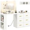 HOMCOM Postazione Trucco con Luci LED 3 Colori a L o Affiancata Bianco | Luminosità Regolabile, Toeletta Trucco, Prese Elettriche, Cassetti Soft Close, Ripiani, Specchio, per Camera da Letto