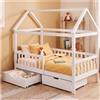 tectake® Lettino per Bambini in Legno, 80x160 cm, Protezione Anticaduta | Rete a Doghe Inclusa, Legno Massello di Pino, 2 Cassetti con Rotelle, Design a Casetta Ispirato al Metodo Montessori, Bianco
