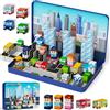 YOGOHEE Gioco Magnetico Bambini Macchinine Città: 100 Pezzi Scatola Metallo 2 Bimbi | Grande base di gioco 29 cm per 2 bambini dai 3 anni in treno e hotel, magneti N32 potenti per costruire in tutta sicurezza