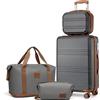 KONO Set 4 Pezzi Valigia Trolley Bagaglio a Mano 55x40x20, Grigio/Marrone | Valigia Rigida in ABS+PC, Beauty Case, Borsone Espandibile e Borsa da Toilette, Serratura TSA, 4 Ruote 360°