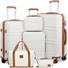 KONO Set 6 Pezzi Valigie Trolley 55/66/75cm e Borse, Crema/Marrone | 3 Valigie Rigide in ABS+PC, Beauty Case, Borsone Espandibile e Borsa da Toilette, Serratura TSA, 4 Ruote 360°