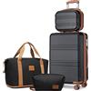 KONO Set 4 Pezzi Valigia Trolley Bagaglio a Mano 55x40x20, Nero/Marrone | Valigia Rigida in ABS+PC, Beauty Case, Borsone Espandibile e Borsa da Toilette, Serratura TSA, 4 Ruote 360°