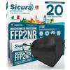 SICURA MASCHERINE CHIRURGICHE 20 Mascherine FFP2 Certificate CE Nere Made in Italy SICURA Senza Valvola | BFE ≥99% Vera Marcatura EFFETTO PULITO e sigillata