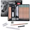 KALOUR Set di 28 matite da disegno professionale, 14 matite in grafite (14B - 5H), carboncini, gomme, temperamatite e ceppi - Kit artistico completo per artisti e principianti