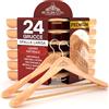 Eurocali 24 Grucce in Legno Naturale Appendiabiti per Giacche Camicie Vestiti Abiti - Spalla Larga RealGruccia con Barra porta Pantaloni e Gancio Girevole 360° - Profilo Smussato e Finitura Lucida - 24x45cm