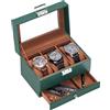 ProCase Porta Orologi a 3 Scomparti con Cassetto, Scatola Porta Orologi Uomo, Cofanetto Porta Orologi, Espositore Orologi a Doppio Strato con Coperchio in Vetro per Uomo Donna - Verde