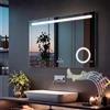 MIQU Specchio da bagno a LED con illuminazione, 120 x 80 cm, specchio da bagno, grande con presa di corrente, orologio Bluetooth Touch, dimmerabile, caldo/bianco, senza appannamento, ingrandimento