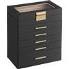 SONGMICS GISELLA Collezione - Scatola Portagioie con Coperchio in Vetro, 6 Livelli, Porta Gioielli con 5 Cassetti, Moderno, Idea Regalo, Nero Inchiostro e Dorato, 16,3 x 25,1 x 29 cm JBC171B01