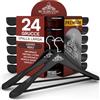 Eurocali 24 Grucce Appendiabiti in Legno Nero a Spalla Larga per Vestiti Abiti Giacche Camicie - RealGruccia Barra Porta Pantaloni e Gancio Girevole 360° - Finitura Lucida e Profilo Smussato - 24x45cm