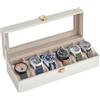 SONGMICS Porta Orologi a 6 Posti, Scatola Portaorologi, Coperchio in Vetro, Cuscini Rimovibili, Chiusura in Metallo, Idea Regalo, Superficie in PU Bianco Nuvola, Interno Beige Cappuccino JWB006W01