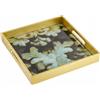 Baroni Home Vassoio da Cucina con Fondo in Vetro a Fantasia Astratta, Vassoio da Portata con Bordo e Manici in Legno, Vassoio Quadrato Oro Decorato, 28x28x4,5 cm