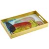 Baroni Home Vassoio Rettangolare con Fondo in Vetro a Fantasia Astratta, Vassoio da Portata con Bordo e Manici in Legno, Vassoio Decorato da Cucina, 40x24x4,5 cm, Oro Astratto