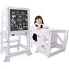 YOLEO Torre Montessoriana Bambini, 3 in 1 Torre Montessoriana Pieghevole, Multifunzionale Learning Tower, Set tavolo e sedia trasformabili con Lavagna Magnetica Bifacciale