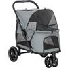 PawHut Passeggino per Cani Pieghevole con 3 Ruote Finestre in Rete Cuscino Lavabile Tutto Terreno Portata 20 kg 92x63x95 cm Grigio | Aosom Italy