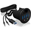 ICY BOX Hub da tavolo USB (60 mm) per installazione, 4 porte USB 3.0, ingresso/uscita audio, passacavo, IB-HUB1403A