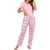 Bresdk Pigiama Donna Cotone Manica Corta Pigiami Due Pezzi da Donna Leggero Maglietta Manica Corta e Pantaloni Lunghi a Quadri Comodo e Morbido S-3XL