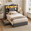LieABak Letto Singolo 90x200 cm, Letto una Piazza, Letto Imbottito in Lino con LED, Letto Contenitore con 2 Cassetti, Letto Salvaspazio per Cameretta e Camera Ospiti, Testiera con Mensole e USB/Type-C, grigio