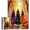 Tucocoo Puzzle di strega di Halloween, 1000 pezzi per adulti, 3 donne che camminano nella foresta autunnale, foglie autunnali colorate, opere d'arte accoglienti, attività rilassanti per la famiglia, regalo