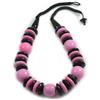 Avalaya Collana in corda di cotone con perline di legno rosa e nero, stile grosso, lunghezza 64 cm
