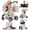 Lnhcrbs Passeggino 3 in 1 con Base ISOFIX,Telaio del Passeggino Leggero | Passeggino Pieghevole Rapido con Solo Clic-Area di Riposo Allargata 38,5 cm,Carrozzina e Pushchair Convertibili,Beige