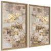 DekoArte - Quadri moderni soggiorno astratto 50x70 cm x2 con cornice | Set 2 quadri con cornice color legno, stampa astratta in toni beige, grigio, avorio e dettagli dorati, pronti da appendere