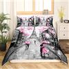 Homemissing Parure da Letto con Motivo Torre Eiffel 220x240cm Parigi Tema Romantico Set Copripiumino per Coppia Camera Decorativo Cityscape di Parigi Stampa Moderna Stile Francese Rosa Grigio 3Pcs