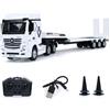 TOUCAN RC HOBBY HUINA Camion trattore radiocomandato in scala 1:64, in lega 9900, con rimorchio semipiatto a 3 assi, trazione integrale, gambe di supporto manuali e portellone posteriore, per