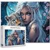 Tucocoo Night Silver Elves Puzzle 1000 pezzi per adulti, fata dai capelli bianchi, 50 x 68 cm, bellissimo leopardo delle nevi, luna, fiori, puzzle fai da te per la decorazione della parete della casa arte