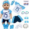 Carreuty Abbigliamento per bambole per bambini da 14 a 17 pollici, 36 - 43 cm, 20 pezzi, inclusi gioco di calcio, set di abbigliamento blu per capelli a righe, set di 4 fasce per capelli, 8 palloncini