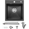 WOOHSE Lavello moderno da 45 x 40 cm, 1 vasca, nero, lavello da cucina con 2 fori per rubinetto e troppopieno, inserto in acciaio inox, stabile e durevole, facile da pulire