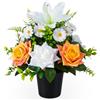 SIFOEL Fiori artificiali per tomba in vaso, rose artificiali, gigli e margherite per memoriale con vaso per cimitero, decorazione esterna per tomba (1 pezzo, arancione e bianco)