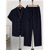 CONJUESS Completo da uomo a 2 pezzi con texture, camicia con colletto cubano a righe verticali blu navy e pantaloni con coulisse
