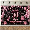 NEONSKY Striscione Compleanno 18 30 40 50 60 70 80 Anni Rosa Nero, Banner Buon Compleanno Donna con Palloncini e Torta, Decorazione Festa Elegante per Sfondo Foto, 180x115 cm (30 Anni)