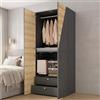 Ktipm Armadio 4 Ante con Custodia e Appendiabiti e Portapantaloni | Armadio Camera da Letto Guardaroba con 2 Cassetti, Per Soggiorno e Ufficio, 90x50x200 cm, Grigio Carbone+Legno