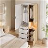 Ktipm Led Armadio con 2 Appendiabiti, Armadio 3 Ante con 4 Cassetti | Guardaroba Armadio 3 Ante Camera da Letto con Area Espositiva Aperta Per Soggiorno, 90x49x200 cm, Bianco+Legno