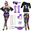 TOLOYE Anni 80 Vestiti, Vestito Hippie con Accessori Hippie Set di Collana Neon, Vestiti Anni 80 Donna Maglietta Pantaloni Retrò, Costume Hippie Costume Anni 80 per Carnevale