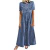 Generic Abito estivo da donna, lungo, a maniche lunghe a 3/4, elegante, vintage, da spiaggia, con linea ad A, maxi abito da denim, a tunica