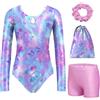 Arshiner Body da Ginnastica Ragazze Ginnastica Leotards Body Danza Bambini | Maniche Lunghe Ginnastica Leotards 4 Pezzi Bambina con Pantaloncini Tutina Intera Borsa e Fascia per Danza Balletto 3-12 Anni