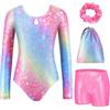 Arshiner Body da Ginnastica Ragazze Ginnastica Leotards Body Danza Bambini | Maniche Lunghe Ginnastica Leotards 4 Pezzi Bambina con Pantaloncini Tutina Intera Borsa e Fascia per Danza Balletto 3-12 Anni