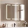 TRIUMPHKEY Specchiera Bagno con Luci, Design Pieghevole a 3 Ante, LED Dimmerabile, Cerniere ad Ammortizzamento, Antiappannamento, Prese Integrate e USB, 5 Livelli di Spazio Contenitivo (80 x 60 cm)