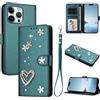 Ymyhyuxi Custodia a portafoglio per XiaoMi Poco M8 5G, in pelle con motivo a cuore e fiore perla, slot per carte e tasca per foto, chiusura magnetica con cinturino da polso verde.