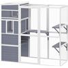 PawHut Recinto per gatti esterno legno 3 piattaforme Grigio | Casetta per gatti, tetto impermeabile, area riposo, finestra, rete metallica, fino a 10 kg, interno/esterno.