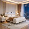 BIYFSDS Letto matrimoniale imbottito, 140 x 200 cm, con LED e USB, letto imbottito con vano portaoggetti, letto per ragazzi con rete a doghe, testiera imbottita, telaio in metallo, lino beige (beige