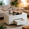 ZKLOEP Tavolino da salotto regolabile in altezza, mobile da divano, 4 in 1, multifunzione, trasformabile in tavolo da pranzo, con cassetti, con 4 sgabelli, bianco + colore legno naturale